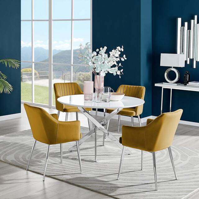 Novara White High Gloss 120cm Round Dining Table & 4 Calla Silver Leg Chairs - image 1
