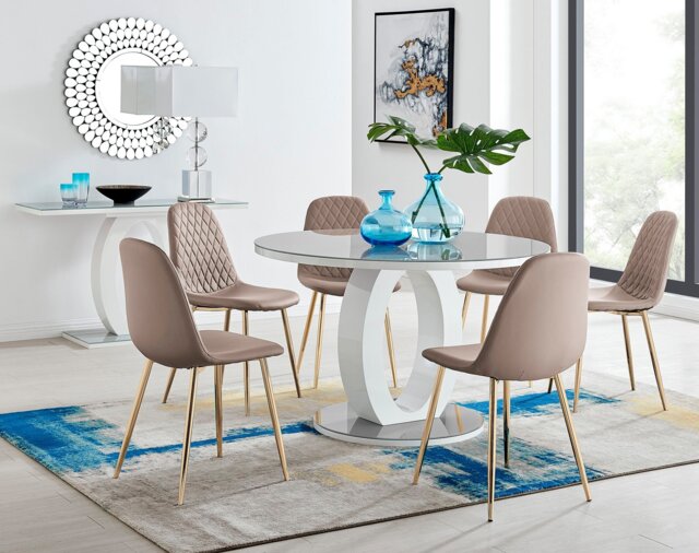 Giovani Grey White High Gloss And Glass Large Round Dining Table And 6 Corona Gold Chairs Set - image 1