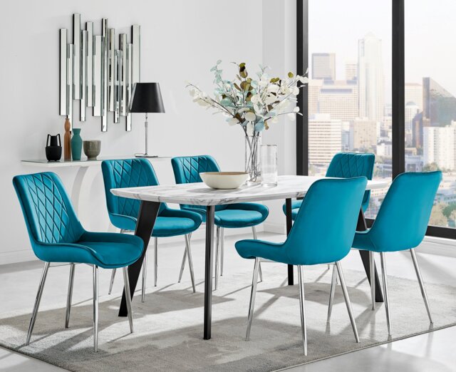 Andria Black Leg Marble Effect Dining Table and 6 Pesaro Silver Leg Chairs - image 1