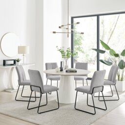 Palma Beige Stone Effect Round Dining Table & 6 Halle Chairs - thumbnail 1