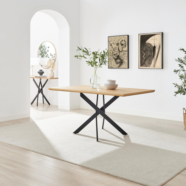 Leonardo Rectangular Oak Veneer and Black Metal 6 Seater Dining Table - image 1