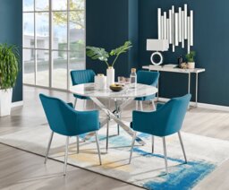 Novara White Marble 120cm Round Dining Table & 4 Calla Silver Leg Chairs - thumbnail 1