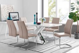 Atlanta Modern Rectangle Chrome Metal High Gloss White Dining Table And 6 Lorenzo Chairs Set