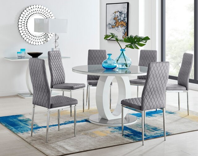Giovani Round Grey Large 120cm Table and 6 Velvet Milan Chairs