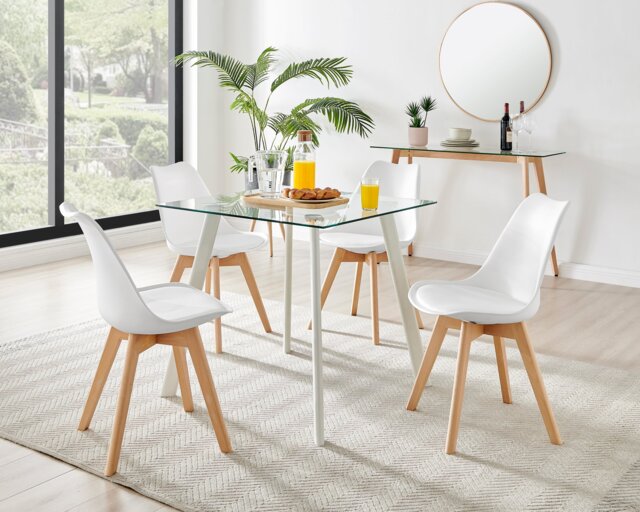 Seattle Glass and White Leg Square Dining Table & 4 Stockholm Wooden Leg Chairs - image 1