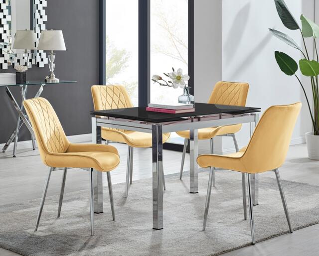Enna Black Glass Extending Dining Table and 4 Pesaro Silver Leg Chairs - image 1