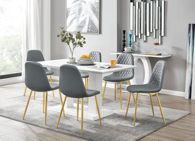 Imperia White High Gloss Dining Table And 6 Corona Gold Chairs Set - image 1