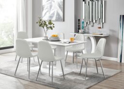 Imperia White High Gloss Dining Table And 6 Corona Silver Chairs Set