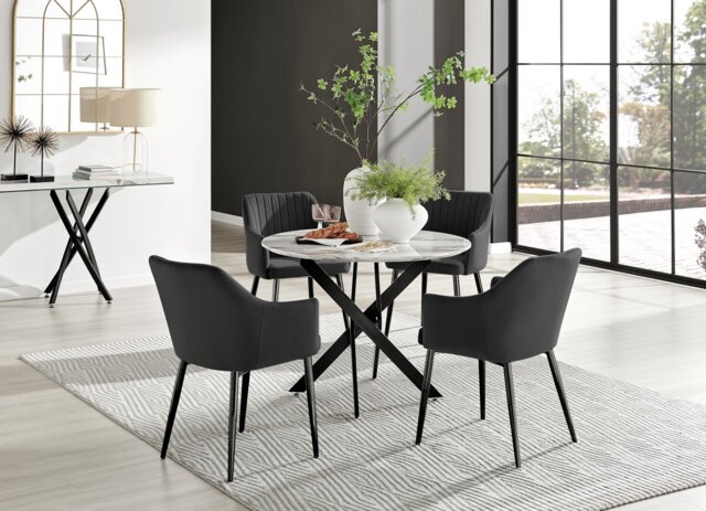 Novara White Marble Black Leg Round Dining Table & 4 Calla Black Leg Chairs - image 1