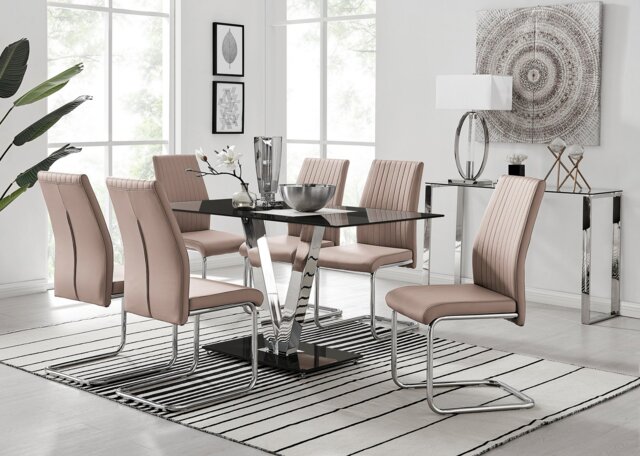 Florini Black Glass And Chrome Metal Dining Table And 6 Lorenzo Dining Chairs Set - image 1