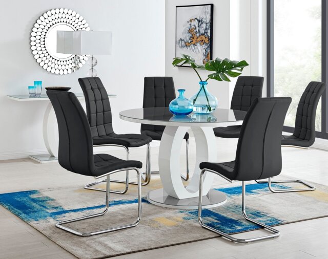 Giovani Grey White High Gloss And Glass Large Round Dining Table And 6 Murano Chairs Set - image 1