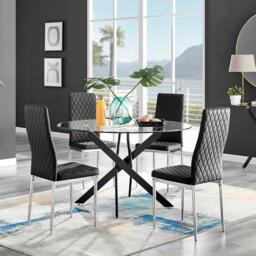 Novara Black Leg 120cm Round Glass Dining Table & 4 Milan Chrome Leg Chairs - thumbnail 1
