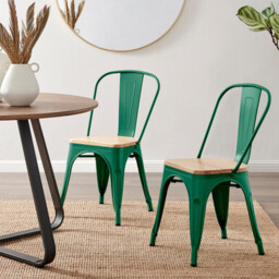 2x Colton Green 'Tolix' Style Metal and Wood Dining Chairs - thumbnail 1