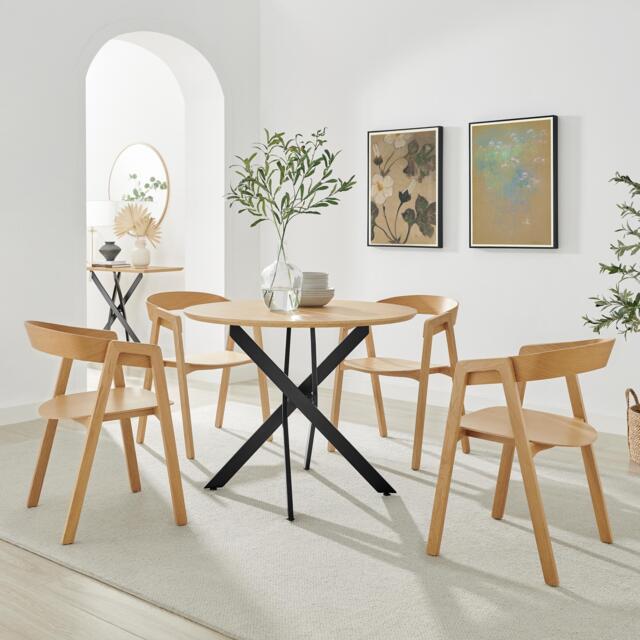 Novara 100cm Oak Veneer Top Round Dining Table & 4 Oak Masa Chairs - image 1