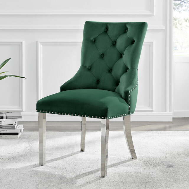 2x Belgravia Green Velvet Knockerback Dining Chairs Silver Legs - image 1