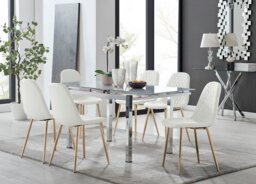 Enna White Glass Extending Dining Table and 6 Corona Gold Leg Chairs