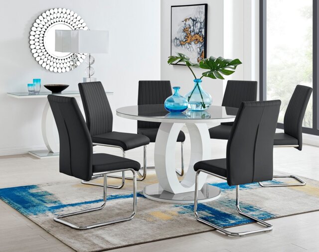 Giovani Grey White High Gloss And Glass Large Round Dining Table And 6 Lorenzo Chairs Set - image 1