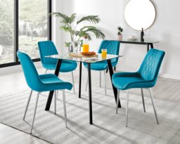 Seattle Glass and Black Leg Square Dining Table & 4 Pesaro Silver Chairs