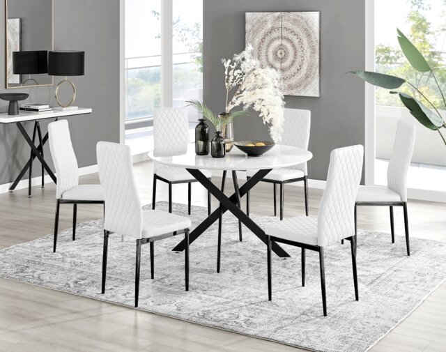 Novara White Gloss Black Leg 120cm Round Dining Table & 6 Milan Black Leg Chairs - image 1