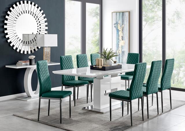 Arezzo Large Extending Dining Table and 8 Velvet Milan Black Leg Chairs - image 1