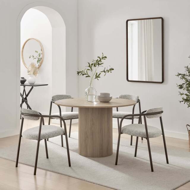 Furniturebox Penrose Round Oak Effect Wood Dining Table 4 Rhea Chairs, Polyester in Grey - Size: 53.5x76x54.5 cm - image 1