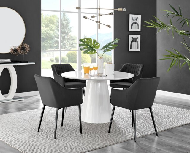 Palma White High Gloss Round Dining Table & 4 Calla Black Leg Chairs - image 1