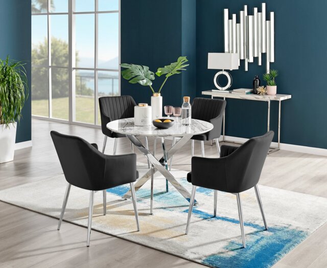 Novara White Marble Round Dining Table & 4 Calla Silver Leg Chairs - image 1