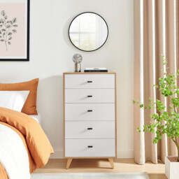 Bisset Off White and Wood Effect 5 Drawer Tall Chest of Drawers - thumbnail 2