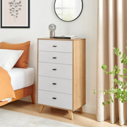 Bisset Off White and Wood Effect 5 Drawer Tall Chest of Drawers - thumbnail 1