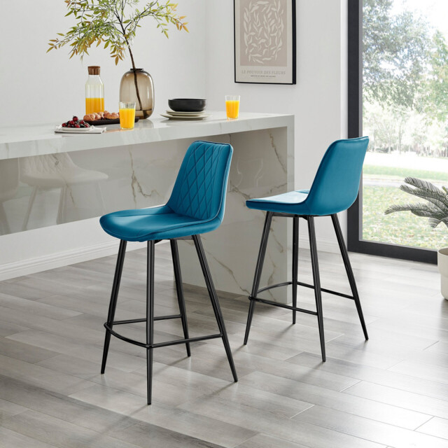 2x Pesaro Blue Velvet Counter Stools Black Legs - image 1