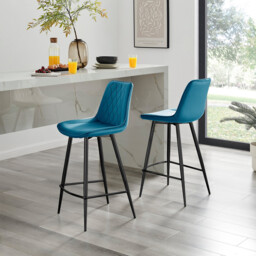2x Pesaro Blue Velvet Counter Stools Black Legs - thumbnail 1