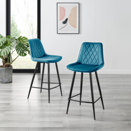 2x Pesaro Blue Velvet Counter Stools Black Legs - thumbnail 2