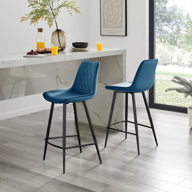 2x Pesaro Navy Blue Velvet Counter Stools Black Legs - image 1