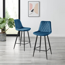 2x Pesaro Navy Blue Velvet Counter Stools Black Legs - thumbnail 2