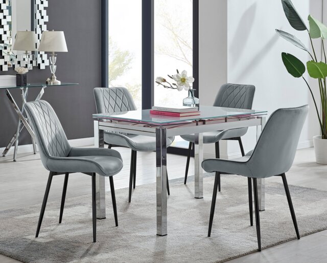 Enna White Glass Extending Dining Table and 4 Pesaro Silver Leg Chairs - image 1