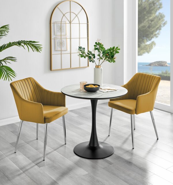 Elina White Marble Effect Round Dining Table & 2 Calla Silver Leg Chairs - image 1