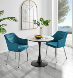 Elina White Marble Effect Round Dining Table & 2 Calla Silver Leg Chairs - thumbnail 3