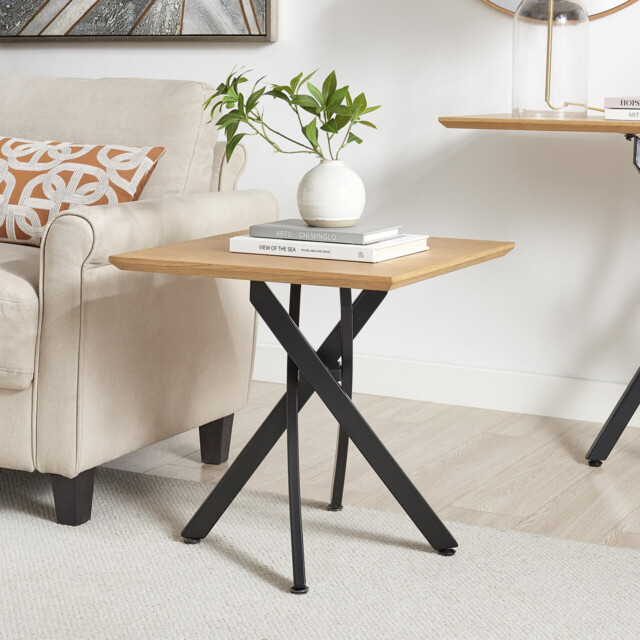 Leonardo Square Oak Veneer and Black Side Table - image 1
