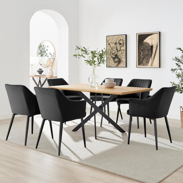 Leonardo Oak Effect Dining Table & 6 Calla Black Velvet Chairs - image 1