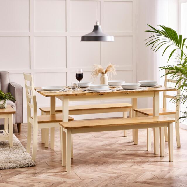 Salcombe Extending Rectangular Wooden Table with 2 Whitby Chairs & 2 Large Benches - image 1