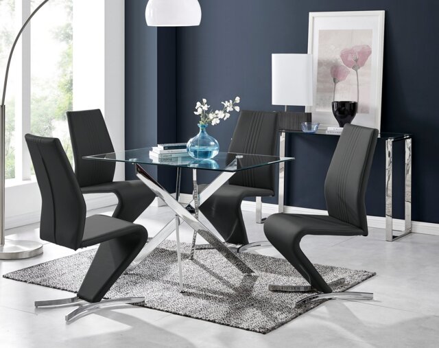 Leonardo Glass And Chrome Metal Dining Table And 4 Willow Chairs Set - image 1