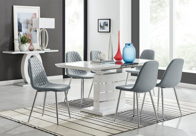 Renato 120cm High Gloss Extending Dining Table and 6 Corona Silver Leg Chairs - image 1