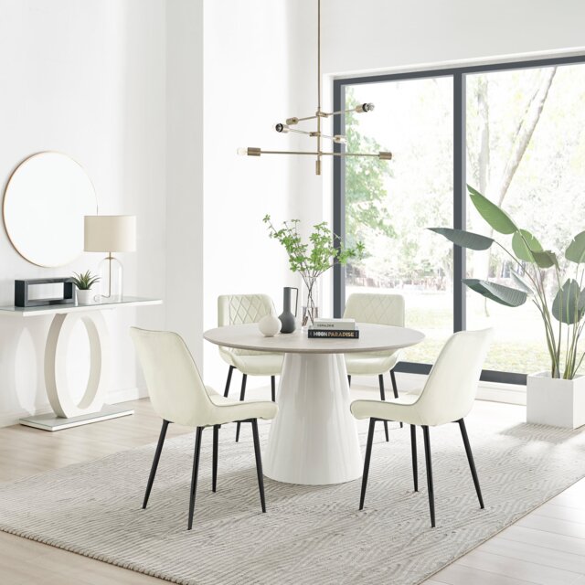 Palma Beige Stone Effect Round Dining Table & 4 Pesaro Black Leg Chairs - image 1