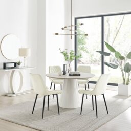 Palma Beige Stone Effect Round Dining Table & 4 Pesaro Black Leg Chairs - thumbnail 1