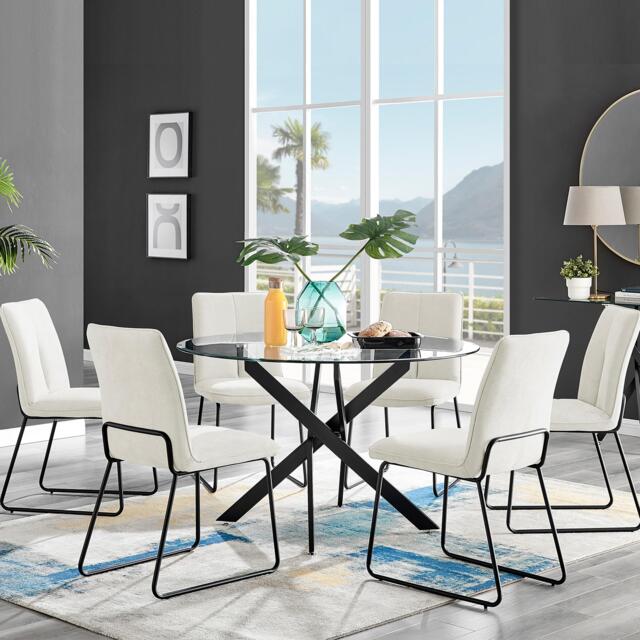 Novara Black Leg Round Glass Dining Table & 6 Halle Chairs - image 1