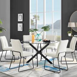 Novara Black Leg Round Glass Dining Table & 6 Halle Chairs - thumbnail 1