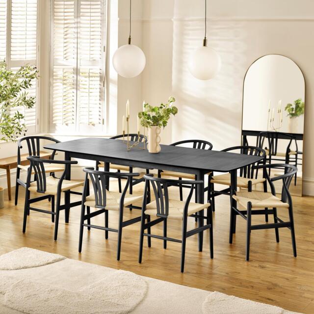 Leif Black Wood Rectangular Extending Table & 8 Caia Black Wishbone Dining Chairs - image 1