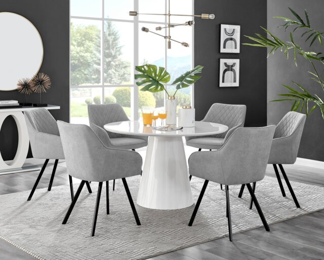 Palma White High Gloss Round Dining Table & 6 Falun Black Leg Chairs - image 1