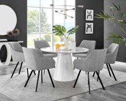 Palma White High Gloss Round Dining Table & 6 Falun Black Leg Chairs - thumbnail 1