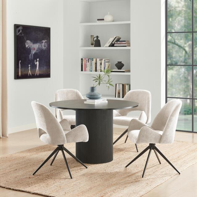 Penrose Black Round Dining Table & 4 Layla Fabric Swivel Chairs - image 1